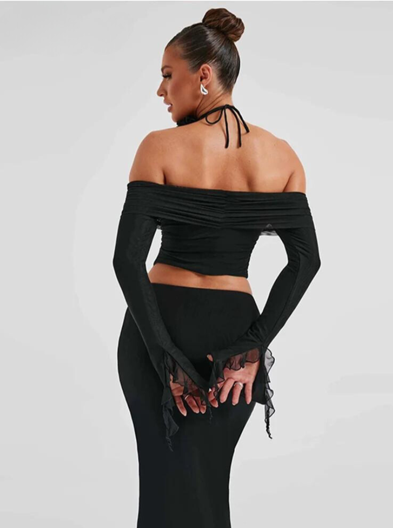 Joyce™ Trumpet Sleeves Crop Top and Tassel Maxi Skirt Matching Suit