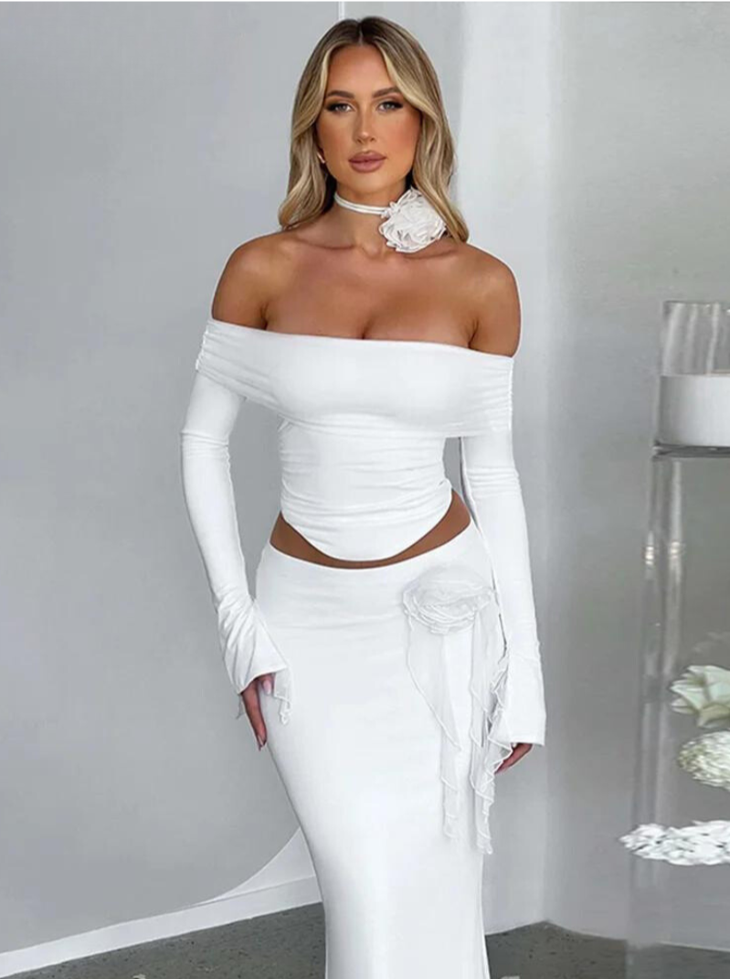 Joyce™ Trumpet Sleeves Crop Top and Tassel Maxi Skirt Matching Suit