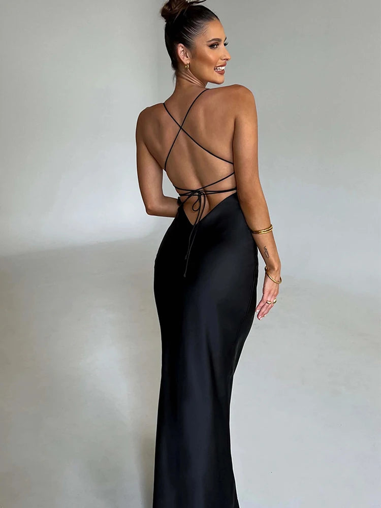 Casey™ Satin Backless Lace Up Mermaid Slip Dress