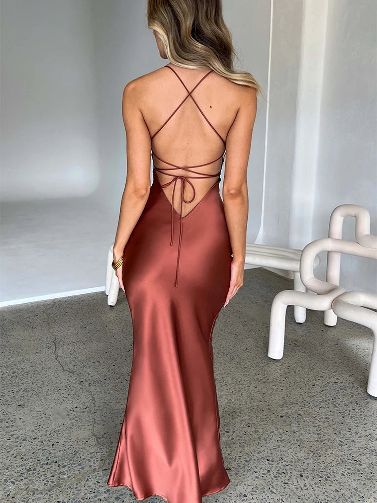 Casey™ Satin Backless Lace Up Mermaid Slip Dress