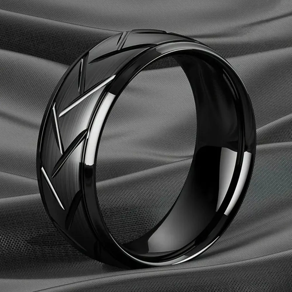 Men’s Fashion Black Stainless Steel Groove Ring