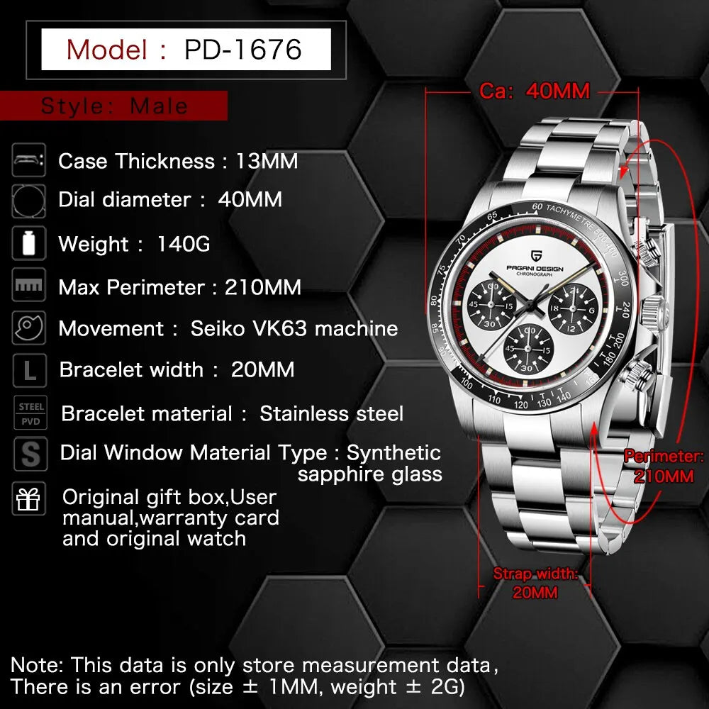 PAGANI DESIGN 2024 Ceramic Bezel Chronograph Quartz Watch for Men