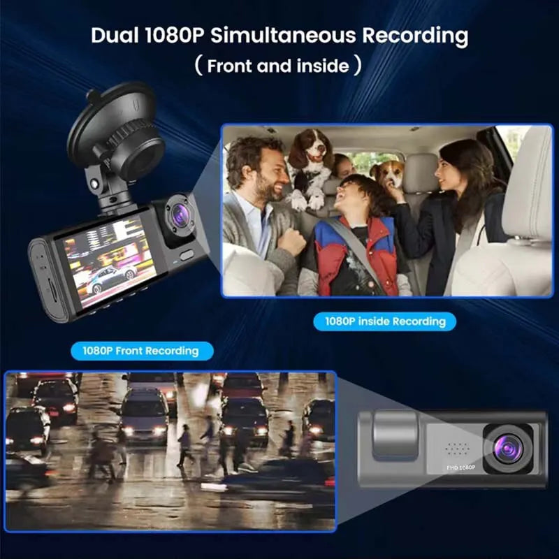 Dash Cam w/ IR Night Vision Loop Recording & 2" IPS Screen 1080P 3 Camera