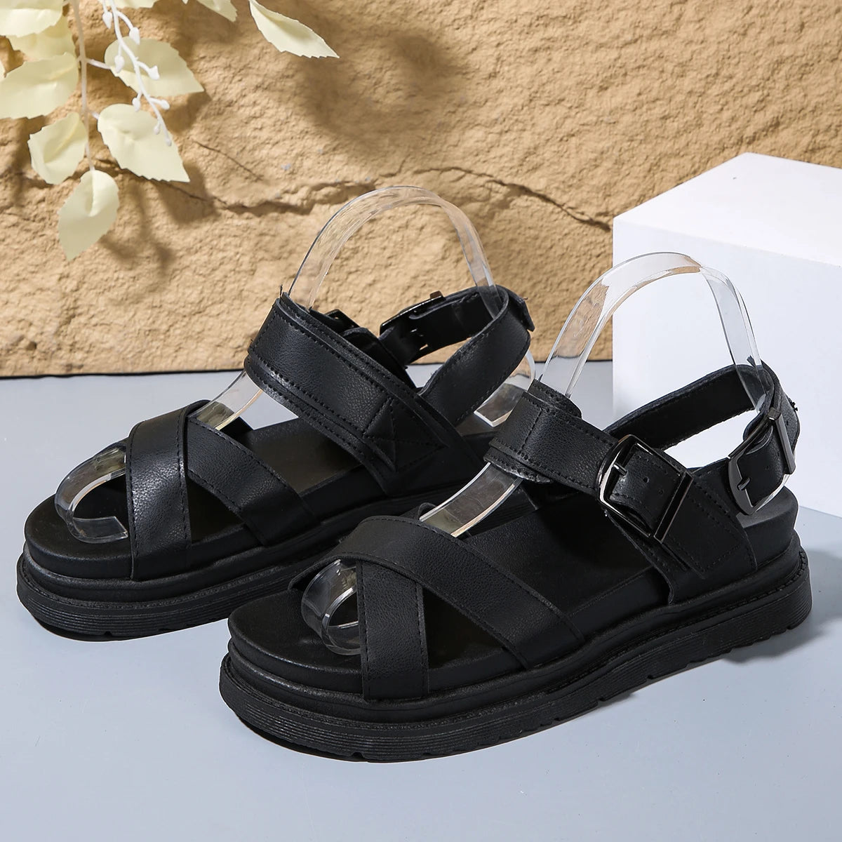 Taylor™ Black Open Toe Flat-form Wedges Sandals