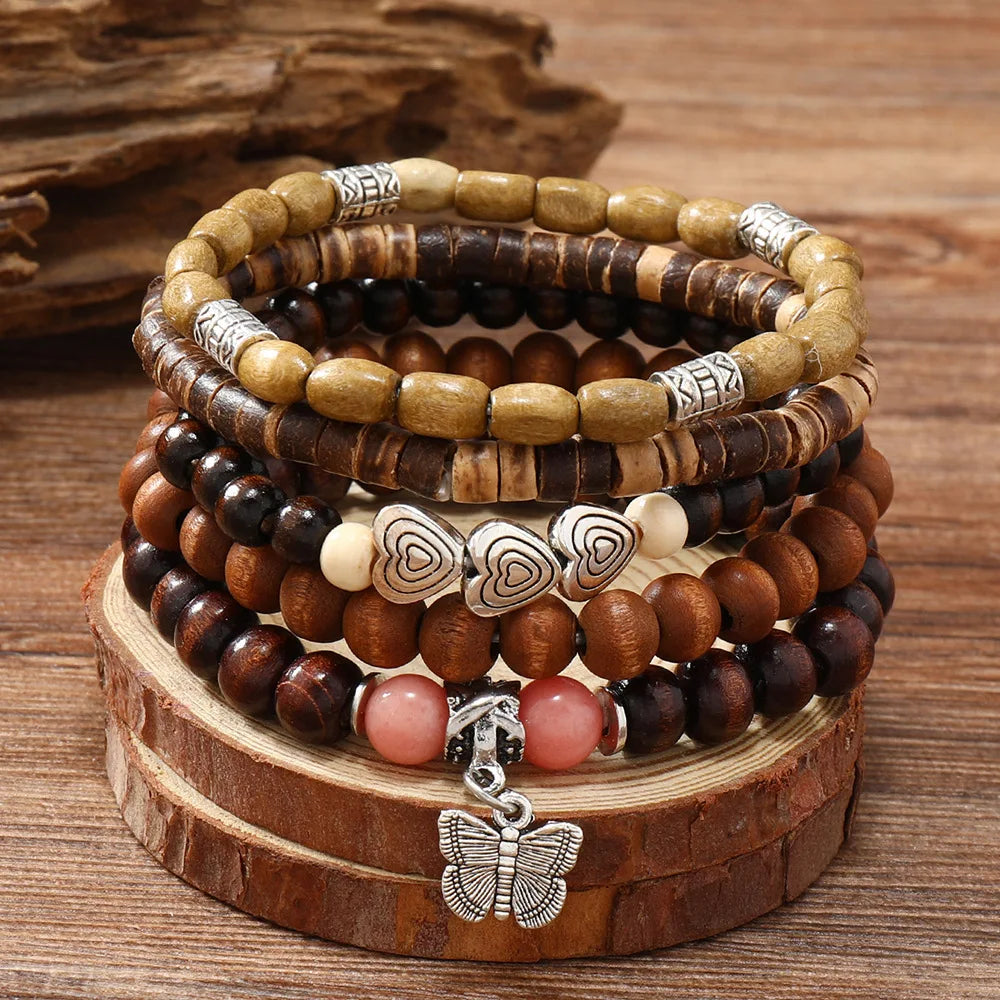 Ethnic Wood Bead Charms Bracelet Set