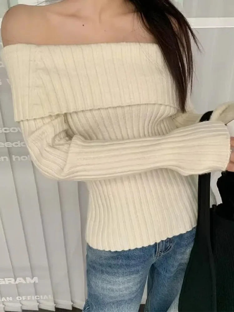 Skylar™ Winter Solid Colour Rib Knitted Off the Shoulder Pullover Sweater