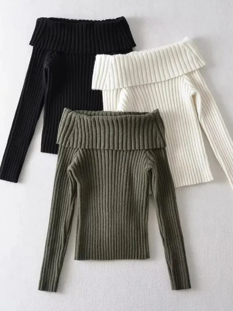 Skylar™ Winter Solid Colour Rib Knitted Off the Shoulder Pullover Sweater