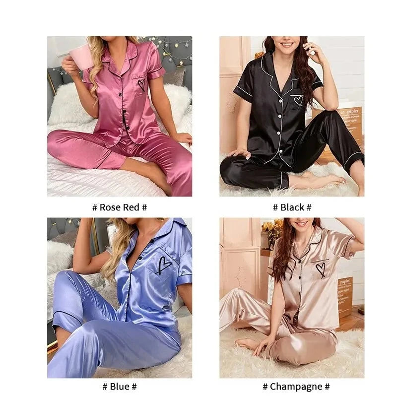 Hillary™ Women's Satin Heart Embroidered Pocket Pyjama Set