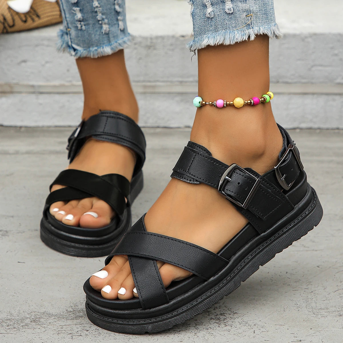 Taylor™ Black Open Toe Flat-form Wedges Sandals