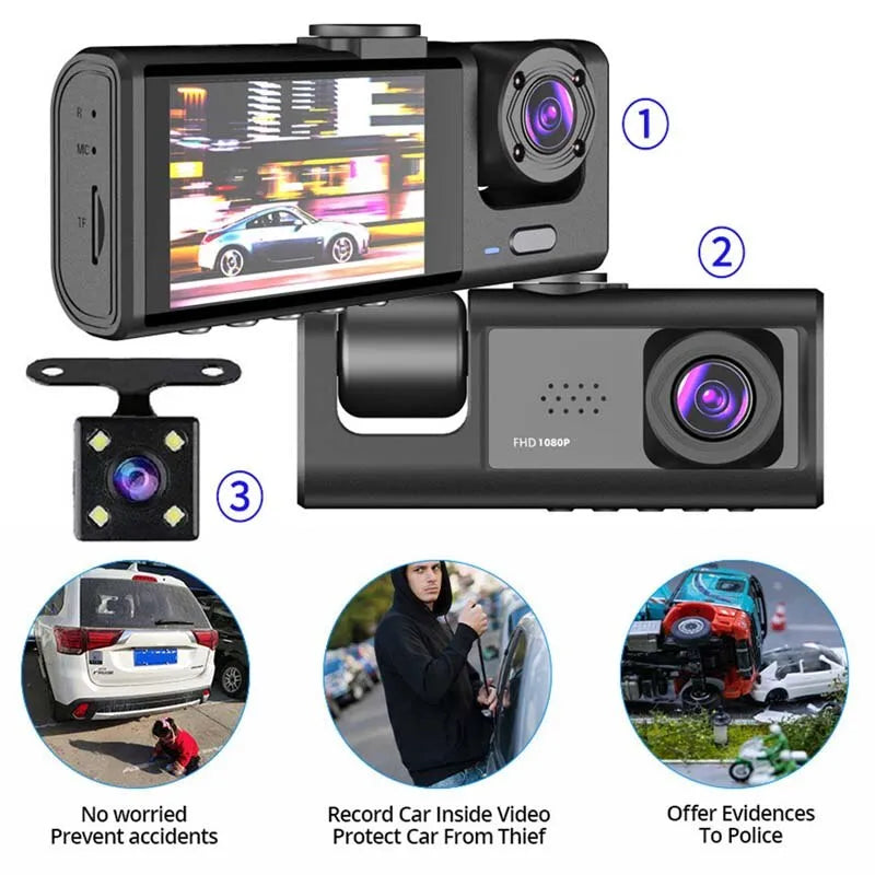 Dash Cam w/ IR Night Vision Loop Recording & 2" IPS Screen 1080P 3 Camera